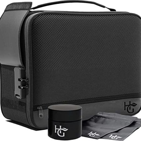 Herb Guard Large Smell Proof Bag & Case with Combo Lock (Holds Up to 3 Ounces) - Includes YKK Zippers, 100ml Smell Proof Container and Jar, Built in Tray & Travel Bags (Black)
